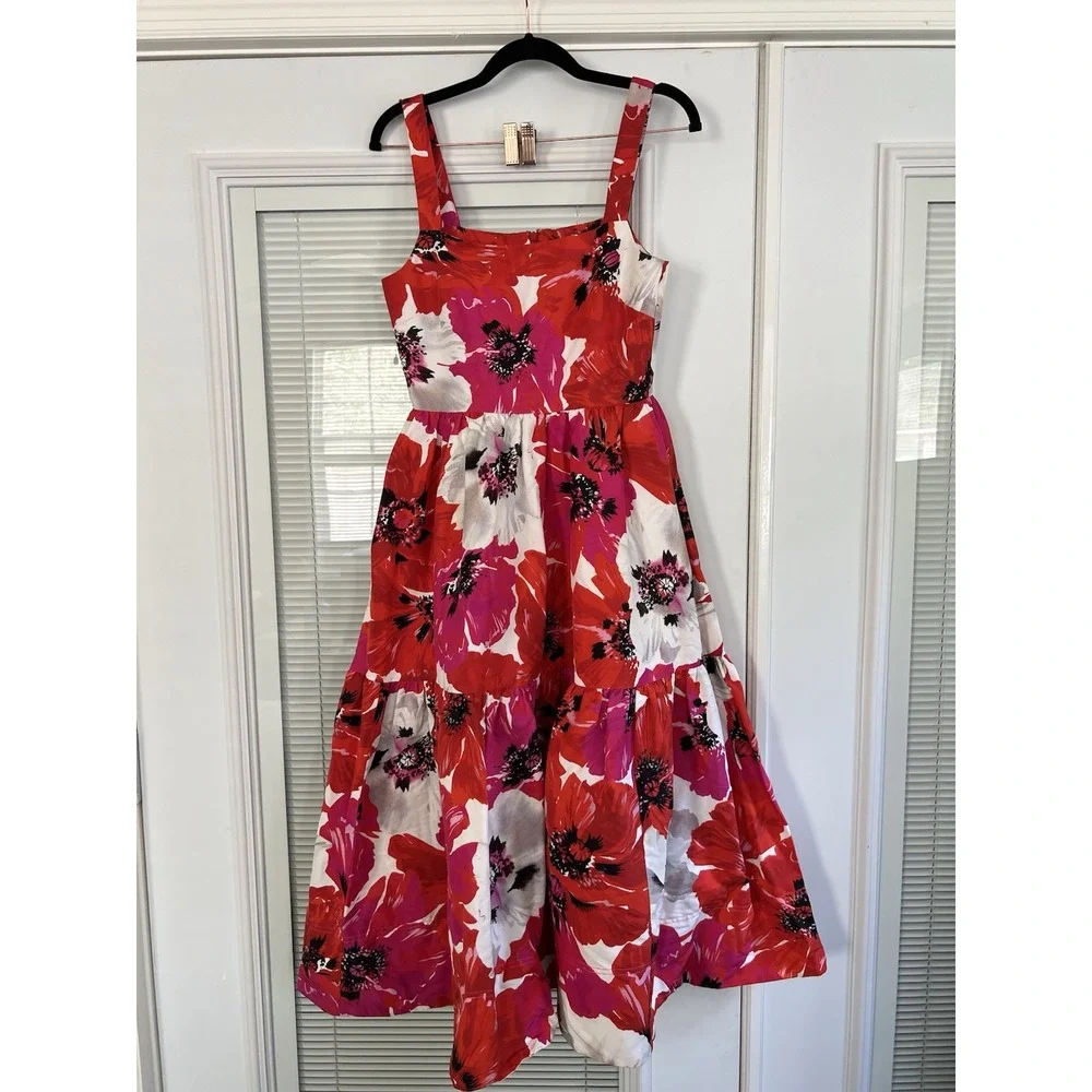 Tanya Taylor Gia Dress Size 2 Red Floral Midi Silk Blend Fit Flare Sundress $545 - Picture 3 of 13